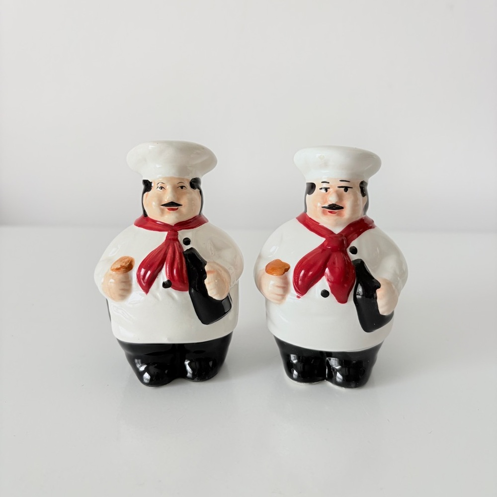 Vintage White and Red Chef Salt and Pepper Shakers